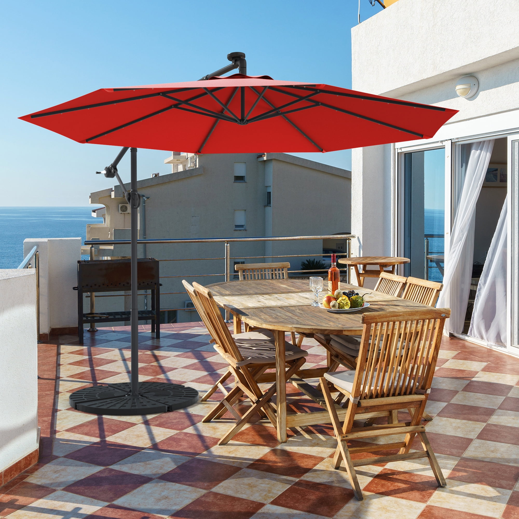 Gymax 10ft Offset Hanging Umbrella Patio Outdoor W 24 Solar Led Lights Burgundy Walmart Canada