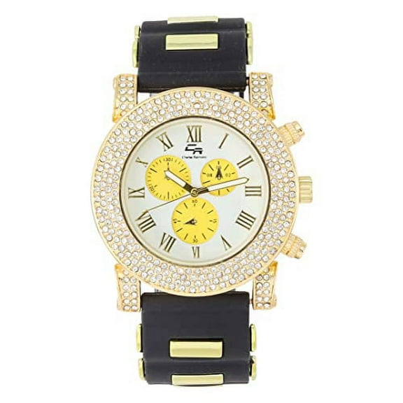 Classic Bullet Rubber Blinged Out Hip Hop Watch w/a Touch of Casual Sporty Colorful Faux Chrono 3 Eyes - Playful MF Iced Out Watch on The House Dance Floor - ST10248 Black/Wht-Yellow Eyes