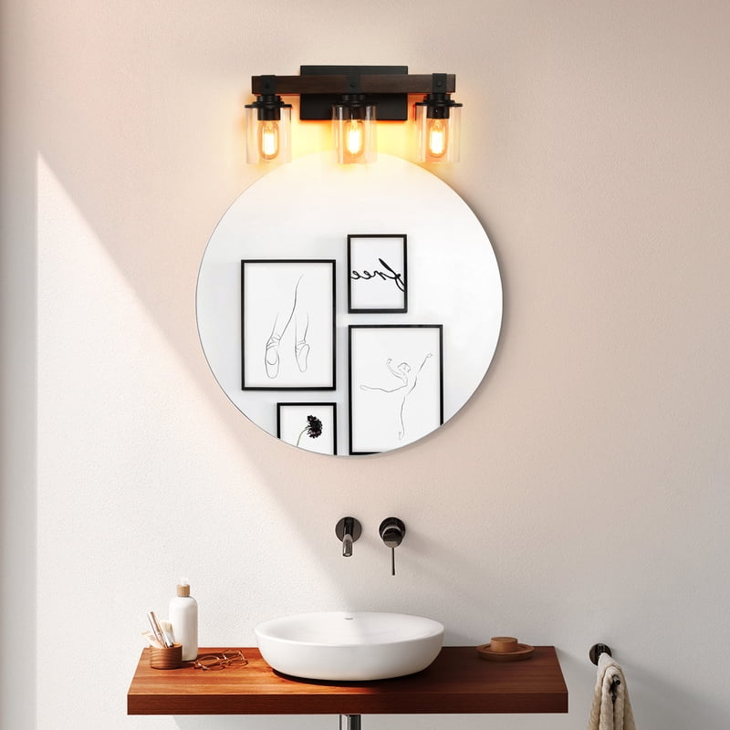 Rustic Farmhouse Vanity Light Industrial Bathroom Wall Sconce with Glass Shades and Wood Accent Lighting Fixture (No Bulbs)