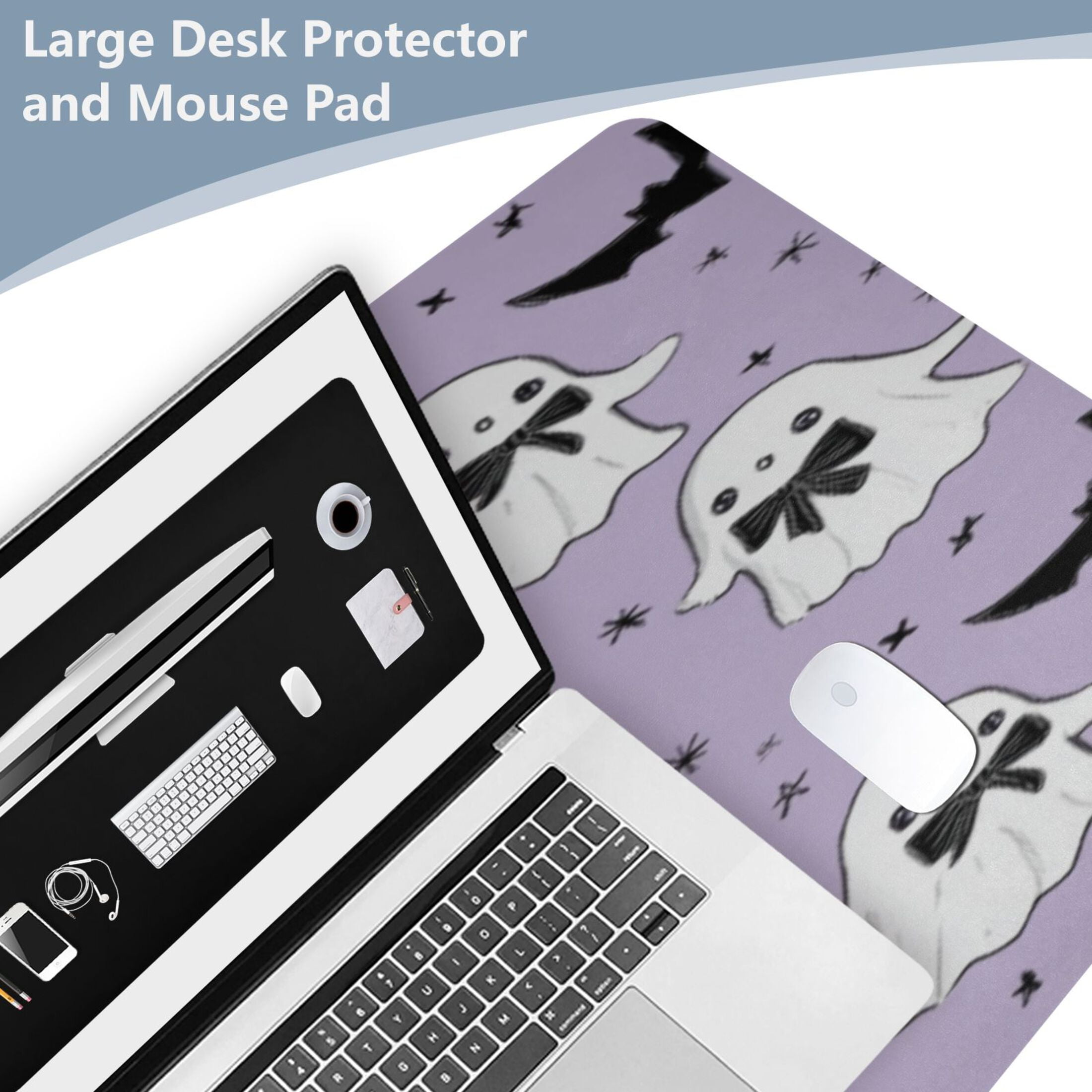 Leather Keyboard and Mouse Desk Mat Office Desk Accessories Protective Office Desk Decor Desk Pad Mat for Gaming, Work from Home, Office Ghost with A Bow Tie 23.6" x 47.2"