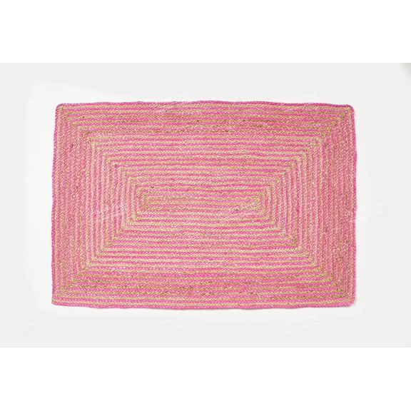 Rectangle Rug Natural Jute Rug Hand Braided Beige and Pink Border Color Scalloped Patern Area Rug