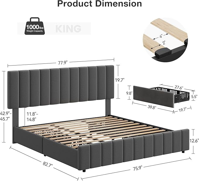KING Size Storage Bed Frame, Vertical Channel Tufted Adjustable Headboard, Linen Upholstered Platform Bed with 4 Oversized Underbed Drawers, Wooden Slats Support, No Box Spring Needed, Noise-Free