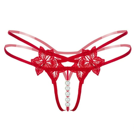 Zexiceli G-String Strap Thong Flower Pattern Lace Imitation Pearl Extra-thin Bikini Panties