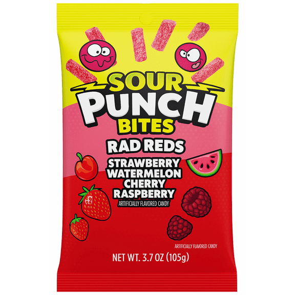 Sour Punch Bites Rad Reds, Strawberry, Watermelon, Cherry, & Raspberry Flavored Candy, 3.7 oz Bag