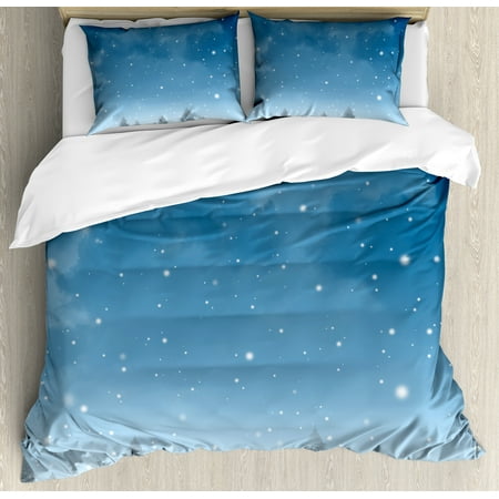 Duvet Cover Queen Blue Winter Queen Size Duvet Cover Set, Christmas Inspired Cold Blue Forest of Pine Trees on a Snowing Holiday Night Sky, Decorative 3 Piece Bedding Set with 2 Pillow Shams, Blue White, by Ambesonne ()