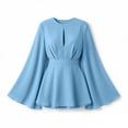 thumbnail image 5 of Karymi Solid Satin Romper Dress, Crew Neck Front Keyhole Cutout Bell Long Sleeve A-Line Mini Dress with Adjustable Self Tie Waist Layered Hem Wedding Guest Dresses for Women, 5 of 9