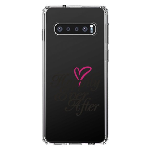 DistinctInk Clear Shockproof Hybrid Case for Samsung Galaxy S10 (6.1" Screen) - TPU Bumper Acrylic Back Tempered Glass Screen Protector - Happily Ever After Heart