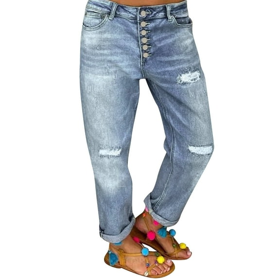 Women's Loose Fit Blue Distressed Jeans, Straight Leg Casual Denim Pants with Ripped Accents & Relaxed Style,Blue L