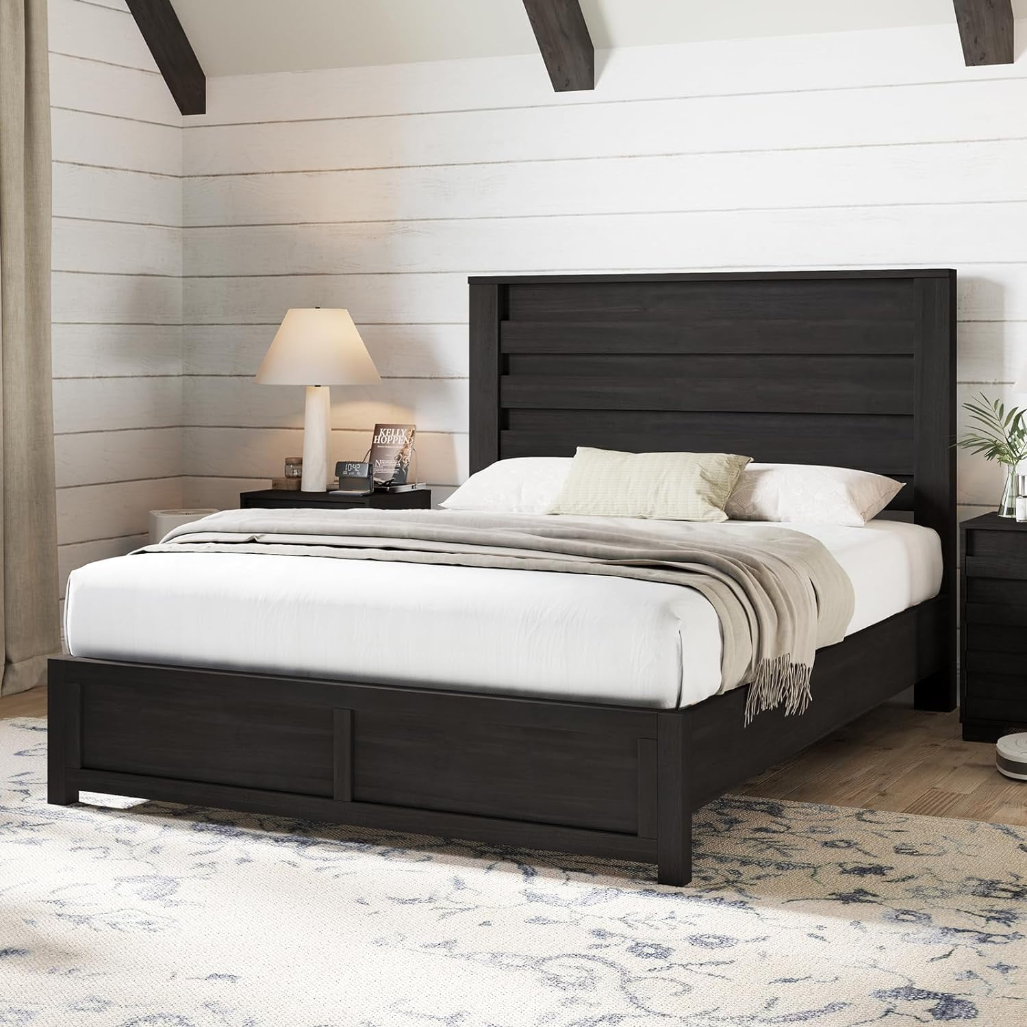 Papajet Queen Size Bed Frame with Headboard, Farmhouse Platform and Natural Wood Grain, Black