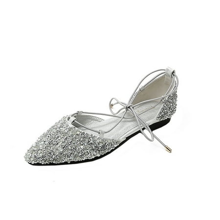 YYYTop White Sandals Woman  Slip-On Heeled Loafers Women Luxury Rhinestone Flats Lace Up Flat Shoes Womens Sandals Dressy Summer Savings