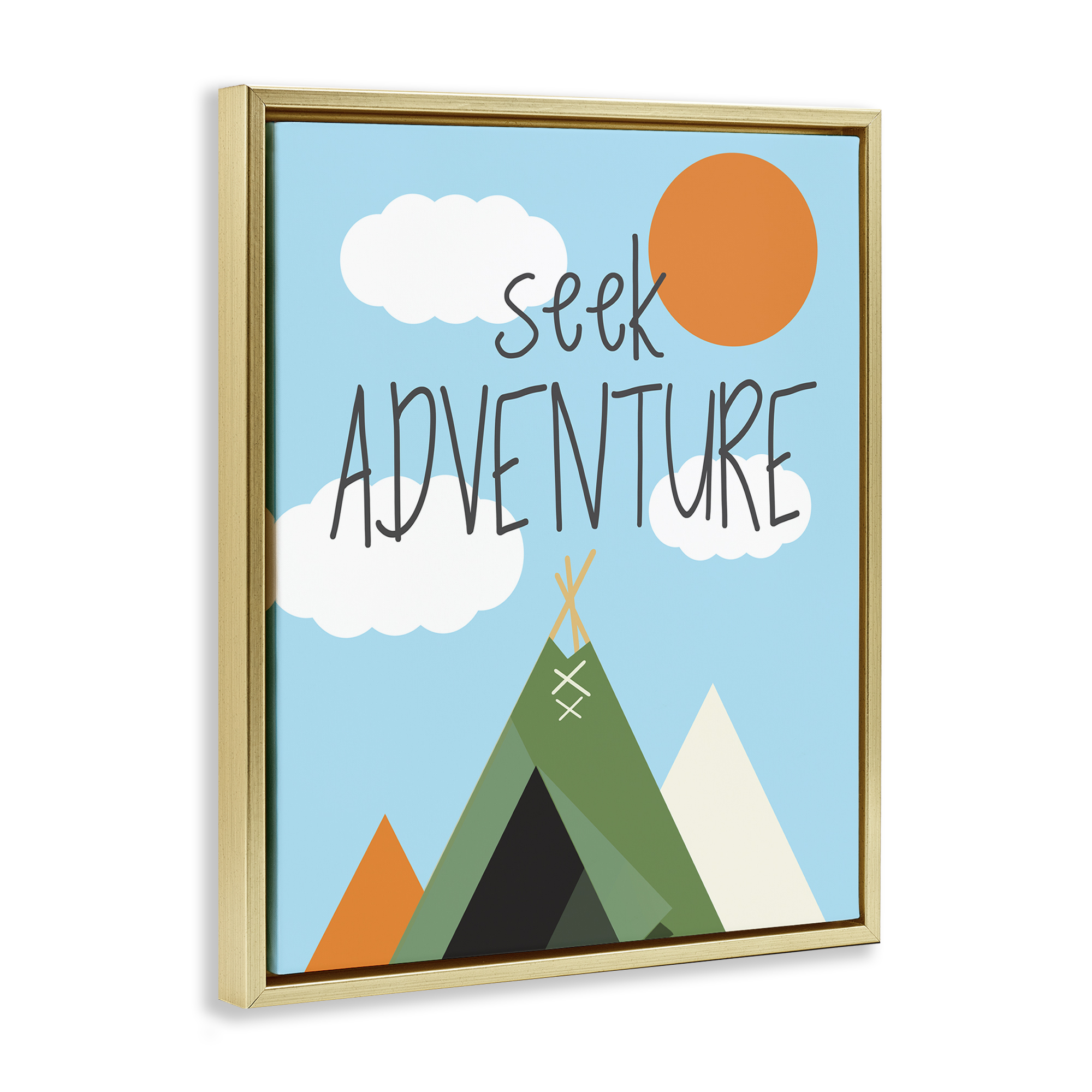 Stupell Industries Seek Adventure with Tent Text & Numbers Painting Gold Floater Framed Canvas Art Print Wall Art, 17 x 21
