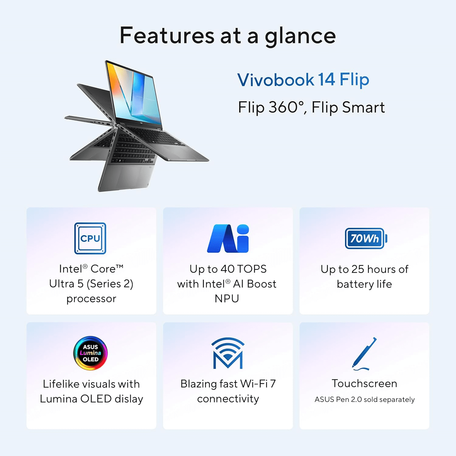 ASUS Vivobook 14 Flip Laptop Copilot+ PC, 14” OLED WUXGA Touchscreen, 8-Core AI Intel Core Ultra 5 226V, Intel Arc Graphics, 16GB RAM 512GB SSD, Win 11 H, Matte Gray, TP3407SA-ES54T, w/Stylus Pen