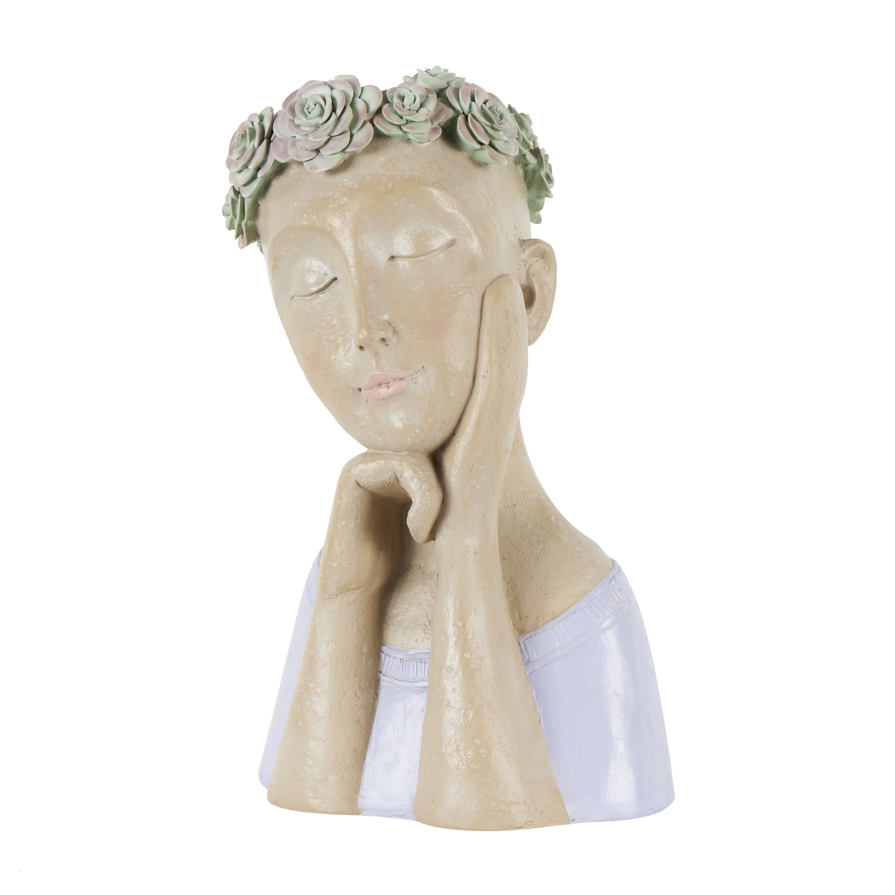 DecMode 9" x 14" Bust Beige Resin Woman Planter with Flower Crown and Blue Top