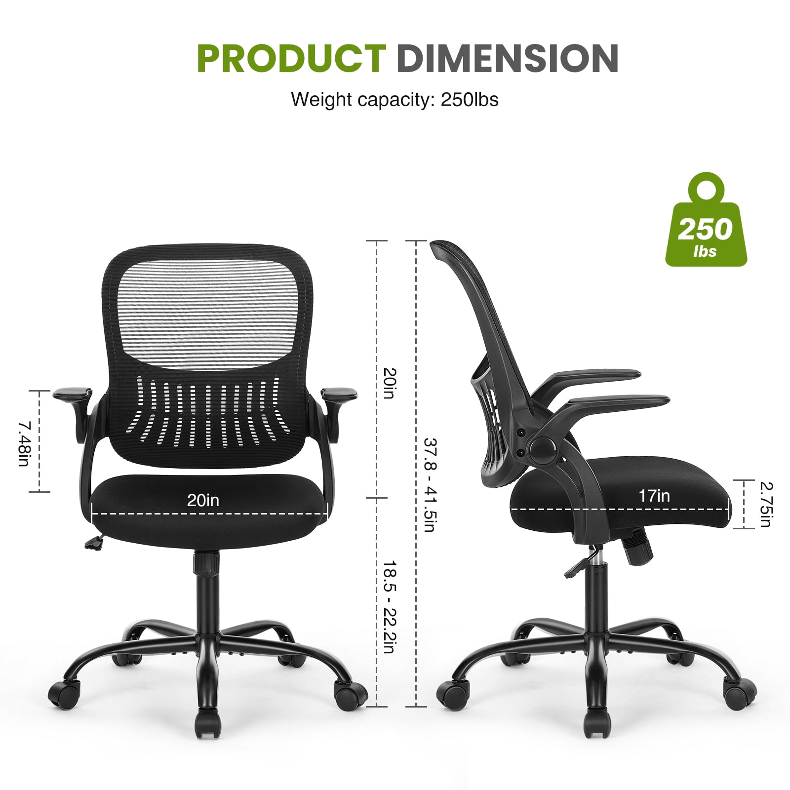 Gianna Ergonomic Mesh Office Chair with Adjustable Armrests, Lumbar Support, and Mid-Back Design for Home & Desk Use with Smooth-Rolling Wheels, Black