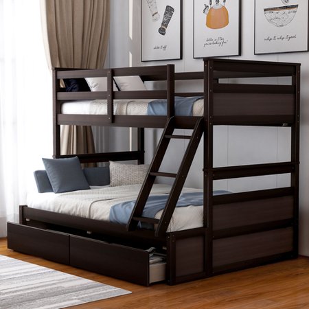 JINS & VICO Bunk Bed Twin Over Full for Kids  Solid Wood Bunk Bed Frame with 2 Storage Drawers  Headboard  Ladder and Guardrails for Boys Girls Bedroom  Space Saving  No Box Spring Needed  Espresso
