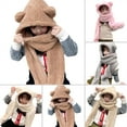 thumbnail image 4 of Women Cute Bear Ear Hat 3 in 1 Animal Hat Scarf Gloves, Warm Plush Hoodie Cap Gloves Mitten Scarf Set Winter Novelty Beanies Caps, 4 of 8