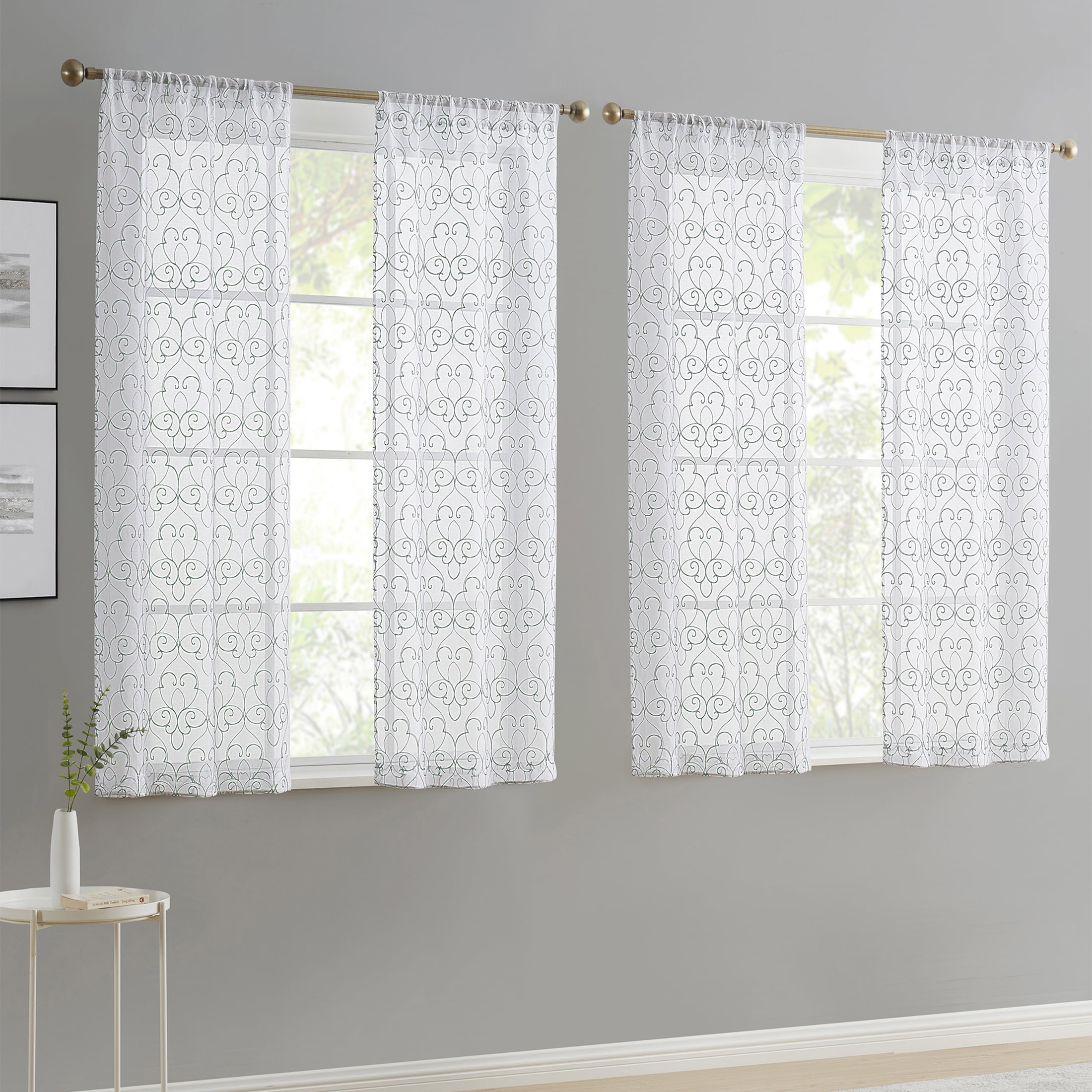 (2 pack) Mainstays Modern Scroll Rod Pocket Sheer Curtains, Set of 4, Aqua, 28" W x 54" L
