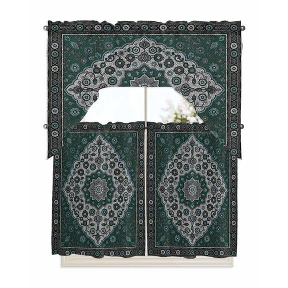 Boho Southwest Kitchen Curtains Swag Valance and Tier Curtains Set 36 Inch Length, Dark Green Gray Aztec Abstract Floral Rod Pocket Drape Panels Pair Swag Curtains for Bathroom/Cafe/Window