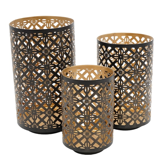 LiviNest Moroccan Metal Lantern Set: 3 Piece Iron Candle Holders - Black Gold Cylindrical Design for Hotel Decor & Indoor Outdoor Use