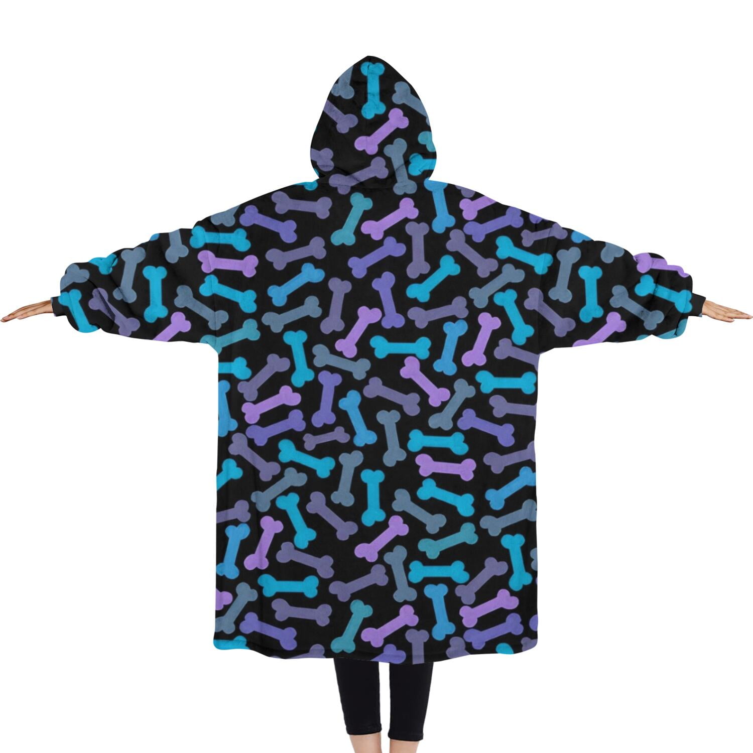 Oversized Wearable Blanket Hoodie,Dog Bones Sherpa Blanket Hoodie with Super Pockets,Super Warm Fuzzy Pullover for Women & Men