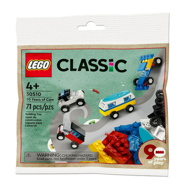 LEGO Classic 30510 90 Years of Cars 71 Piece Iconic Cars Toy Set Polybag  with 4 Mini Build Cars for Builders Aged 4 and Up, Multicolor