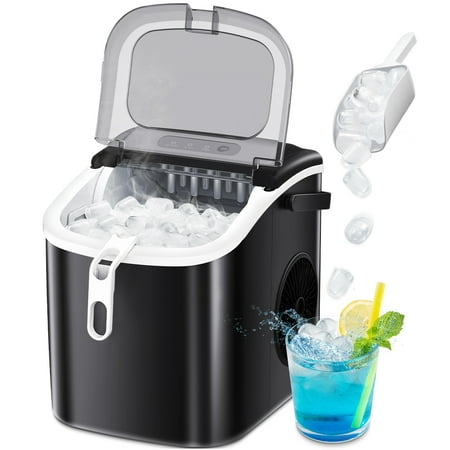 AGLUCKY Countertop Ice Maker, Portable Ice Machine with Handle, 26Lbs/24H, 9 Cubes Ready in 6 Mins, One-Click Operation Ice Makers with Ice Scoop and Basket, for Kitchen/Office/Bar/Party (Black)