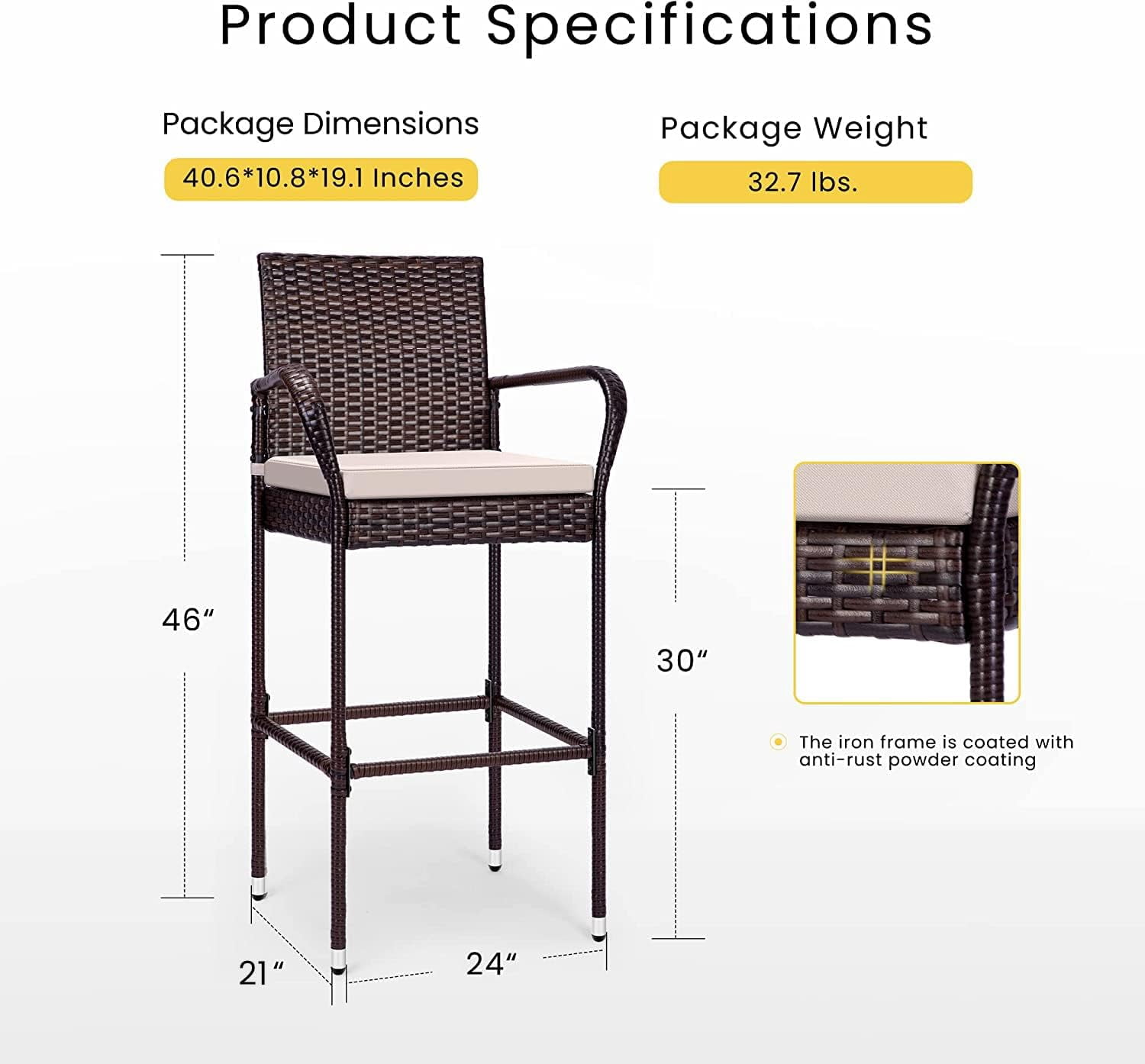 SPECSTAR Outdoor Wicker Bar stools Chair with Armrests and Cushions, 2-Packs Set