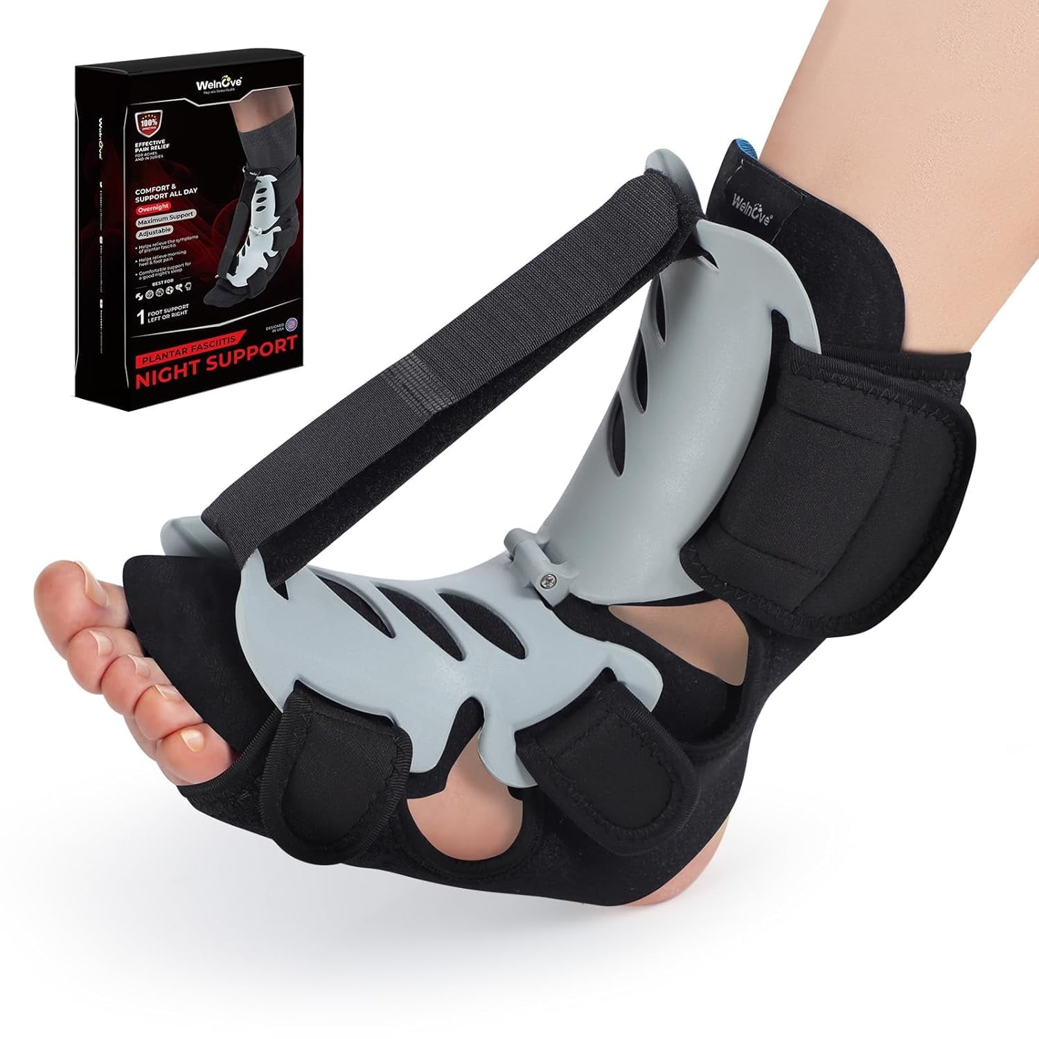 Welnove Plantar Fasciitis Relief Night Splint, Adjustable Foot Relief Brace Fit Women Men, Foot stretcher for plantar fasciitis, Support Relief Foot Drop Achilles Tendonitis Day Night - Medium Size