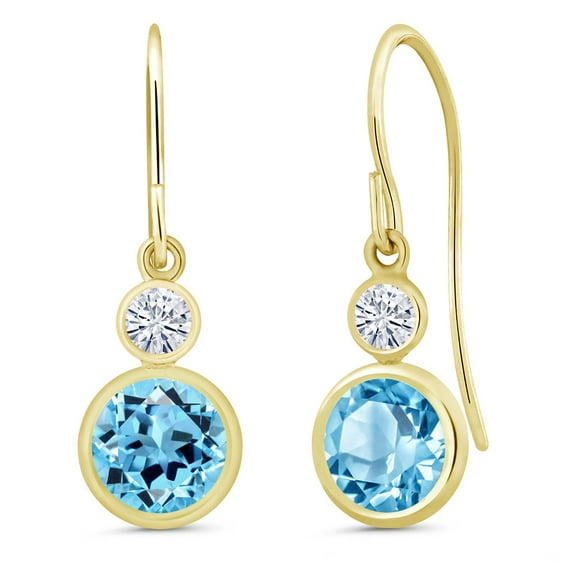 Gem Stone King 14K Yellow Gold Swiss Blue Topaz and White Moissanite Drop Dangle Earrings for Women (2.20 Cttw, Gemstone November Birthstone, Round 6MM and 3MM)