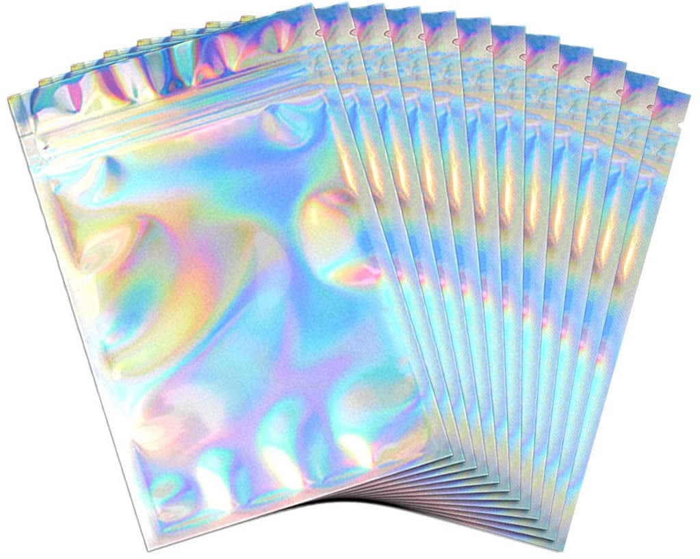 Multi-size Double-Side Glossy Holographic Pink Mylar Flat Zip Lock Pouch Bag 