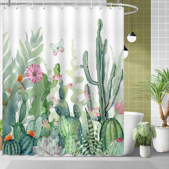 Cactus Shower Curtain Tropical Plant Watercolor Shower Curtain Set Green Modern Fabric Bathroom Cutain Decor with 12 Hooks 72x72 Inches