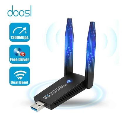 Doosl USB WiFi Adapter, CD Driver-Free AC 1300Mbps Dual Band 5dBi High Gain Antenna 2.4GHz/ 5GHz Wireless Network Adapter for Desktop PC, Support Win11/10/8/7/XP/Mac iOS, Include Free U Disk