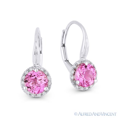 1.62ct Lab-Created Pink Sapphire & Diamond Leverback Baby Earrings in 14k White Gold