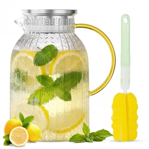 64 oz Glass Pitcher, Water Pitcher with Lid and Spout, 1.8L Glass Carafe for Fridge, Thickened Borosilicate Iced Juice Jugs for Cold and Hot Beverage, Easy Clean Heat Resistant Glass Jug