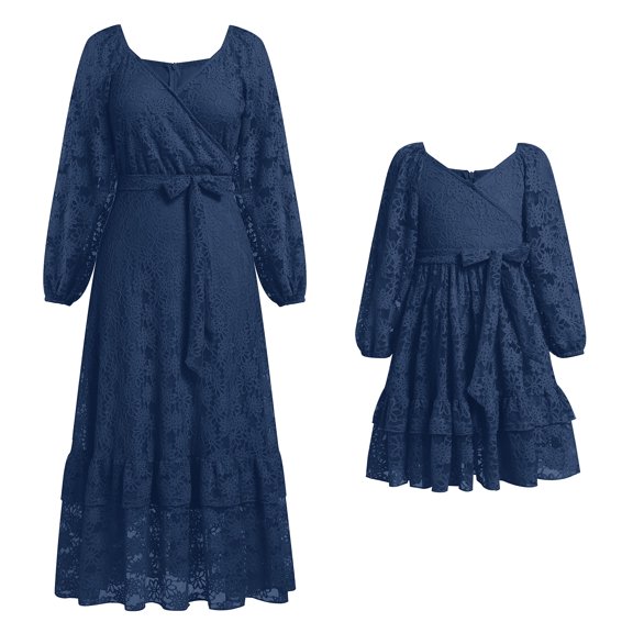 FYMNSI Mommy and Me V Neck Floral Lace Midi Dresses Mother Daughter Puff Long Sleeve Ruffle Matching Outfits Girl 5-6T