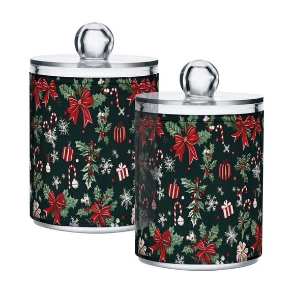 Yayeee 2 Pack Qtip Holder Bathroom Cotton Swab Canister with Lid Clear Dispenser Set, Green Christmas