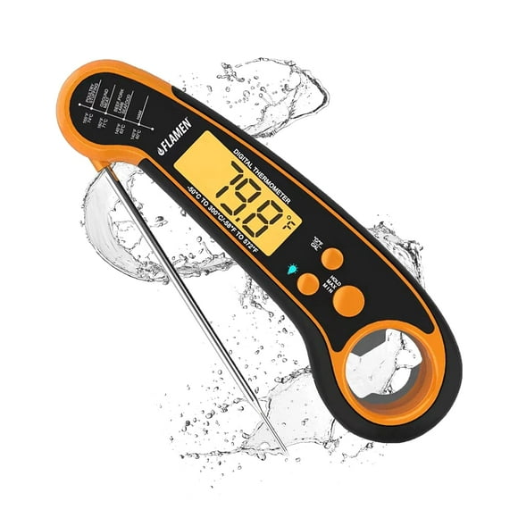 Flamen Meat Thermometer, Food Thermometer with Backlight, Waterproof Instant Read Digital Meat Thermometer for Kitchen, Deep Frying, Baking, Turkey, BBQ - Orange