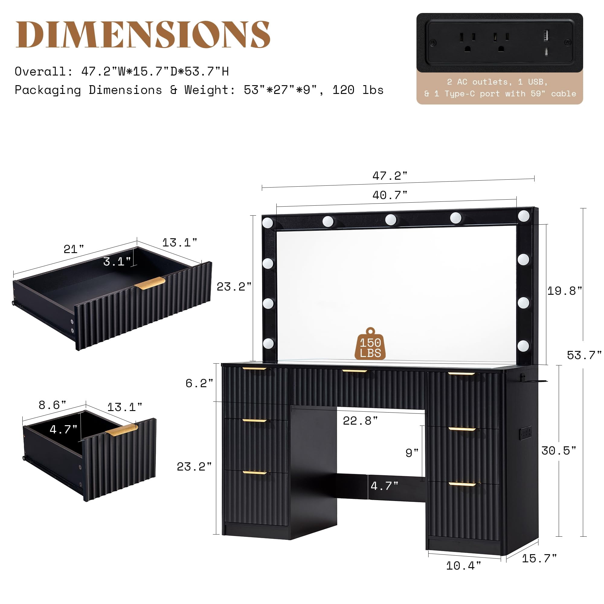 Merluxy 47.2" Girls Vanity Desk with Large Mirror and Adjustable LED Lights, 7 Drawers Makeup Table with Glass Top and Charging Station, Black