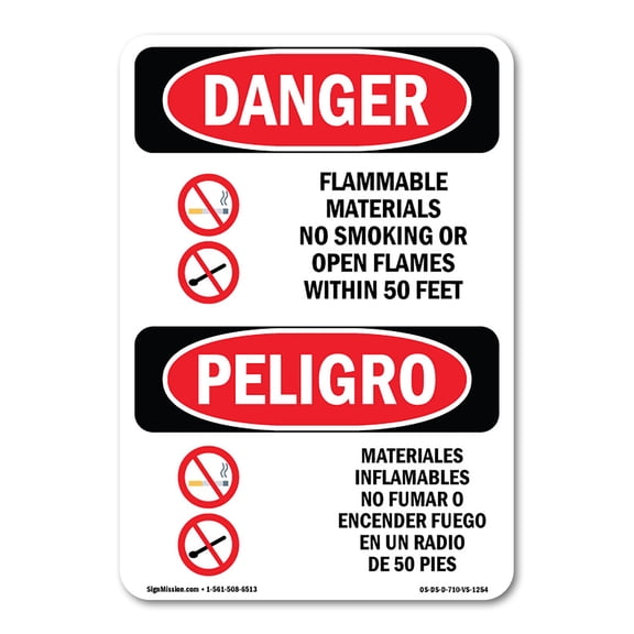 OSHA Danger Sign - Flammable Materials No Smoking Bilingual | Decal | Protect Your Business, Construction Site, Shop Area |  Made in The USA