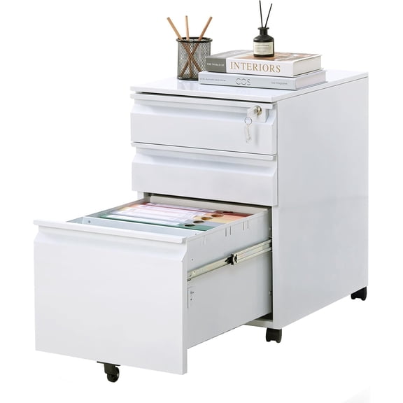 23.7-in H 3 Drawer Metal Filing Cabinet with Lock Rolling Under Desk File Cabinet for Home Office White