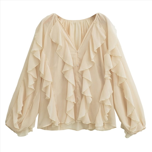 Blusa Informal Elegante para Mujer, de Larga, con Cuello en V y Volantes, Ideal para Oficina y Trabajo. Beige XS