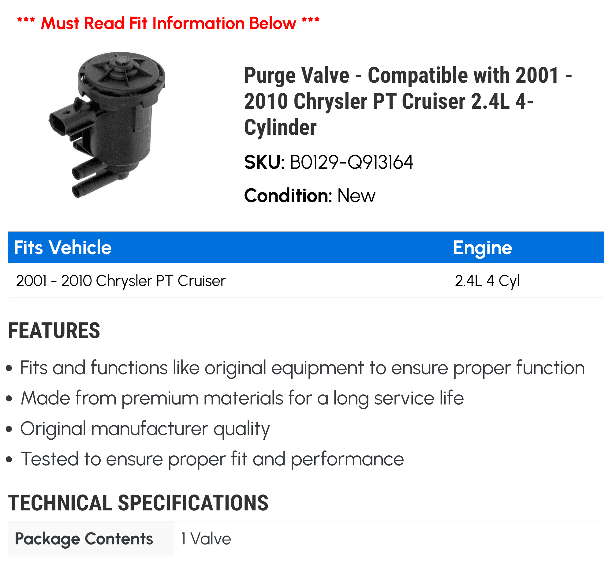 Purge Valve - Compatible with 2001 - 2010 Chrysler PT Cruiser 2.4L 4-Cylinder 2002 2003 2004 2005 2006 2007 2008 2009
