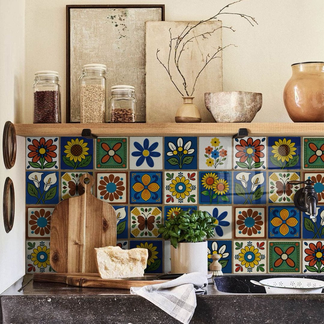 12 Sheet Tile Sticker Waterproof Peel and Stick Backsplash Multicolor Flower Wall Stickers Self-Adhesive DIY Decals 5.9" x 5.9"