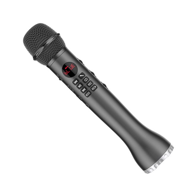 ziyahihome Wireless Bluetooth Microphone in black with a metal mesh head and built-in control panel. This versatile device functions as both a microphone and a Bluetooth speaker, featuring automatic noise reduction, TF card support, and a 2000mAh battery. Its compact dimensions of 262mm by 57mm make it suitable for karaoke and handheld use. Package includes a charging cable and audio cable.