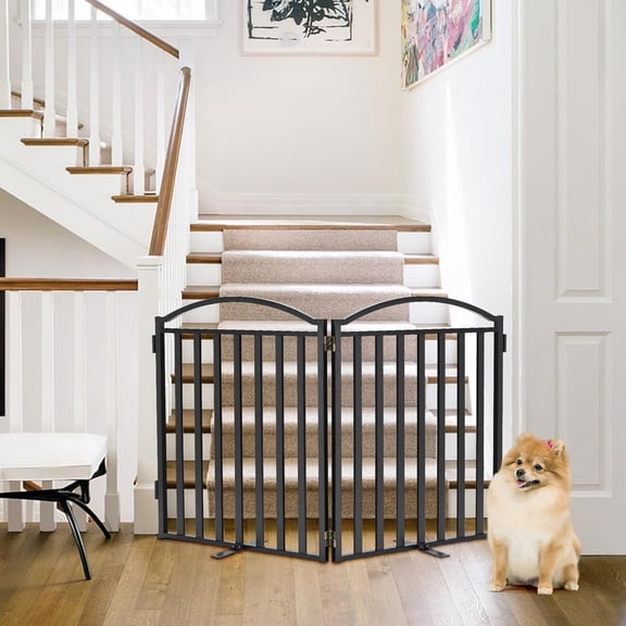 Metal Freestanding Dog Gates, 32'' Height Outdoor Indoor Dog Fences, 48'' Extra Wide Pet Gate, Foldable Puppy Free Standind Tall Pet Gate for Stairs, Hallways, Doorways, Yard (Black 2 Panels)