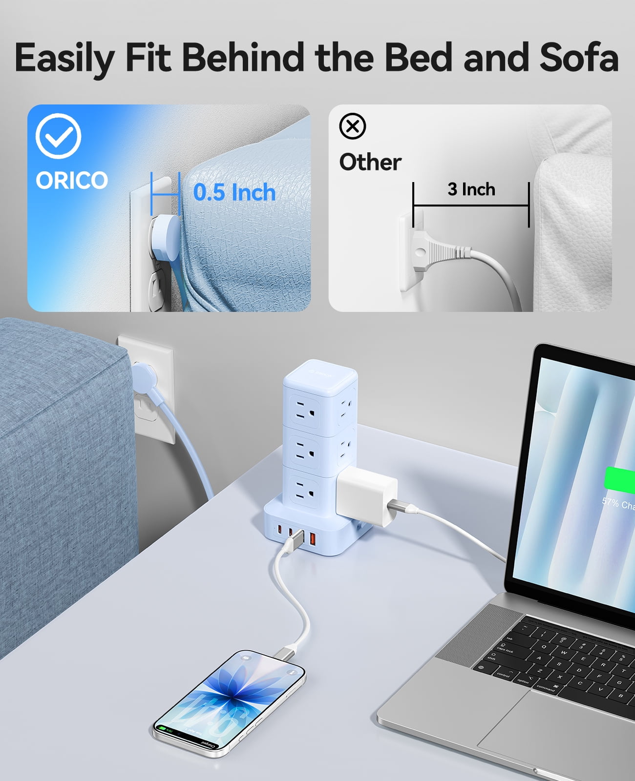 ORICO Power Strip Tower with Multiple Outlets, Tower Extension Cord with 12 AC Outlets 4 USB Ports (2 USB C), Space Saving Design, 5FT Cord Power Tower for Home, Office, Dorm - TPP20 (Blue)