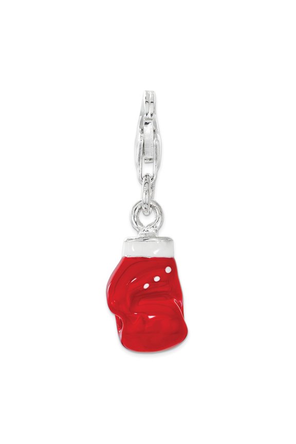 White Sterling Silver Charm Pendant Red Rh Polished Enamel Boxing Glove With Lobster Clasp