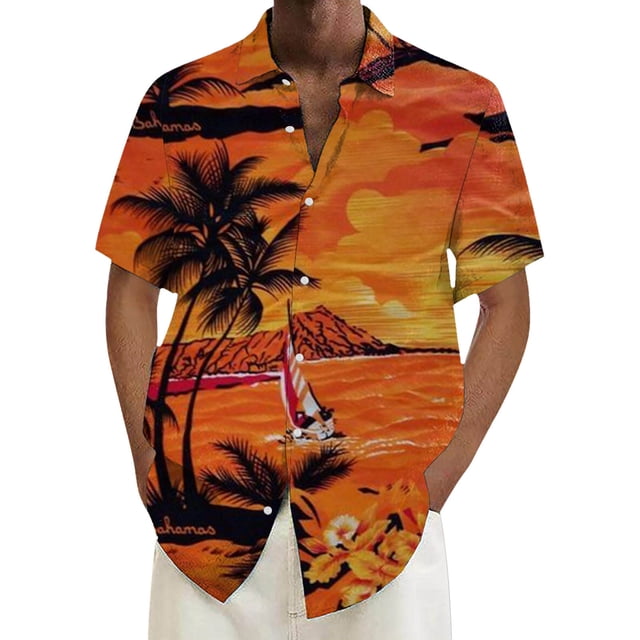 Playeras Camisa para hombre Camisa de playa de manga corta holgada informal (Orange, M)
