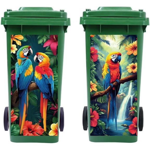Wheelie Bin Stickers 2 Sheets Parrots Sticky Dustbin Stickers Decals 15in x 32in Waterproof Self Adhesive Large Wraps for Trash Cans Bins Driveway Garden Outdoor Indoor Patio Decoration