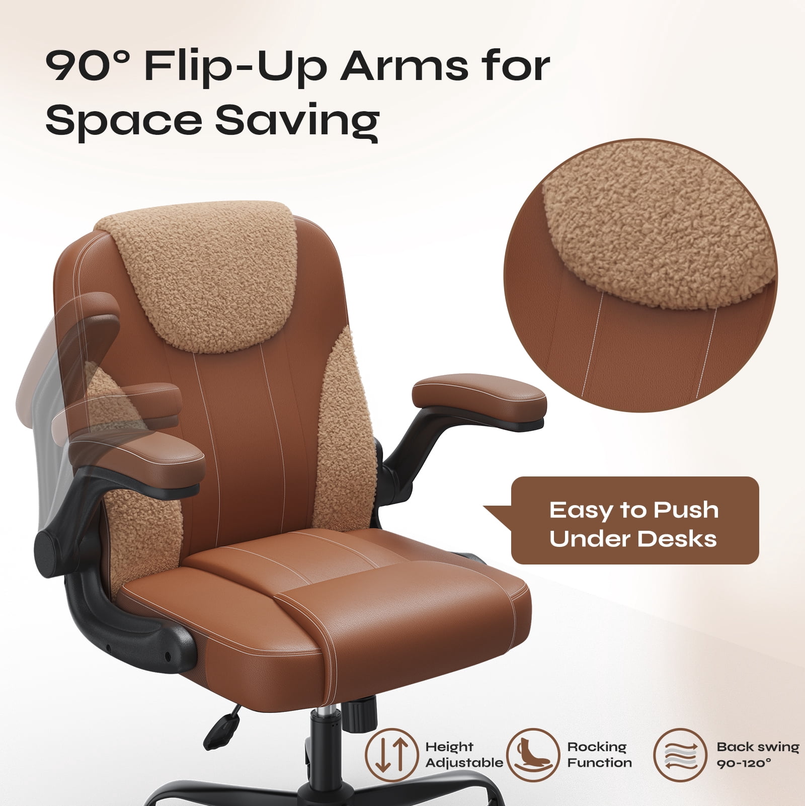 Pinmoco Ergonomic PU Leather Office Chair, High Back Executive Computer Desk Chair with Double-Layer Cushion, Swivel Gaming Chair with Wheels and Flip-Up Armrests, Brown